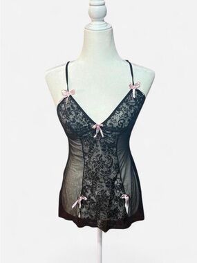 Black Lace & Mesh Chemise with Pink Bow Accents